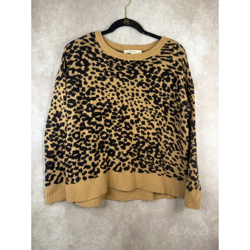 LOFT Leopard Print Sweater Women Small Tan Black Wool Blend Crew Neck Pullover